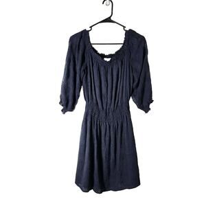 Rebecca Taylor Mini Dress Size 6 Navy Blue Lace Cotton Silk 3/4 Sleeve